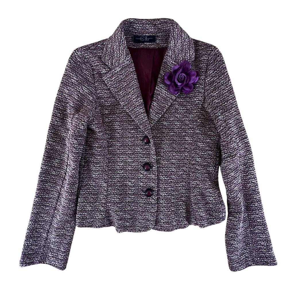Vintage Y2K Purple Boucle Jacket S Metallic Blazer Cropped Sparkle Flower Pin